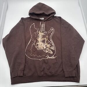 Vintage Fender Transition Logo Brown Gold Y2K Graphic Guitar Hoodie Size 2XL